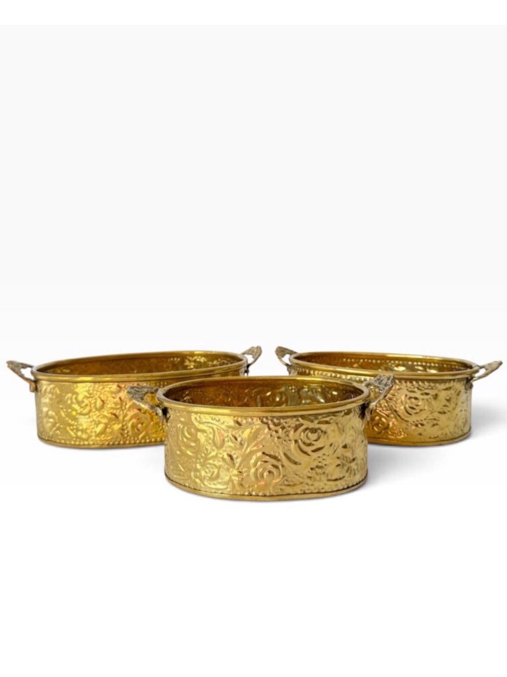 Vintage Set of 3 Brass Embossed Floral Oval Nesting Trays Planters Pots